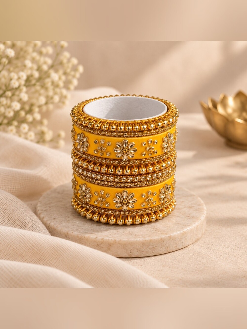 Yellow Thread Bangle Set Size 2.8 | Gold Glass Stone